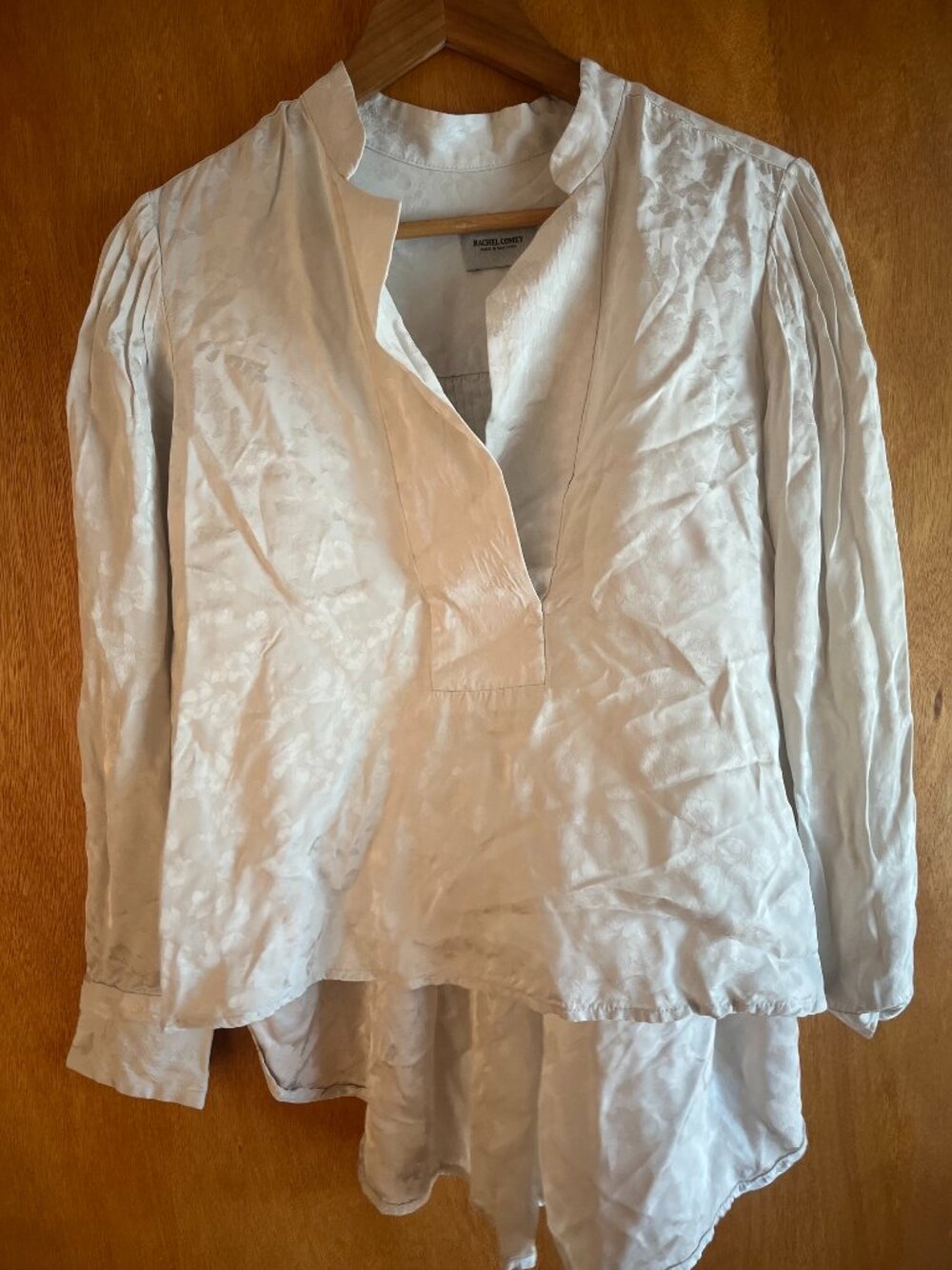 Rachel Comey Floral Satin Popover Top Size 4 Silver Pleated High Low